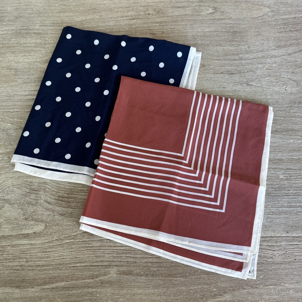 NWOT silk scarves square set of two Geometric Polka Dots Classic Minimalist 20"